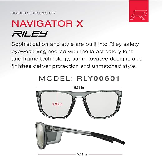 Riley Navigator X Safety Glasses – Anti-Fog, Scratch/Impact Resistant & UV Blocking LED Lenses, Lightweight Full-Frame for Work, Outdoors, & Active Lifestyles, Gray