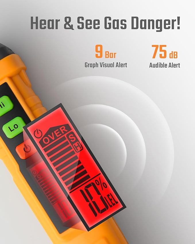 TopTes PT210S Gas Leak Detector, Natural Gas Detector with 4-inch Probe, Propane Leak Detector Locating Combustible Gases Like Natural Gas, Methane for Home, Measures%LEL (Incl. Batteries) - Orange