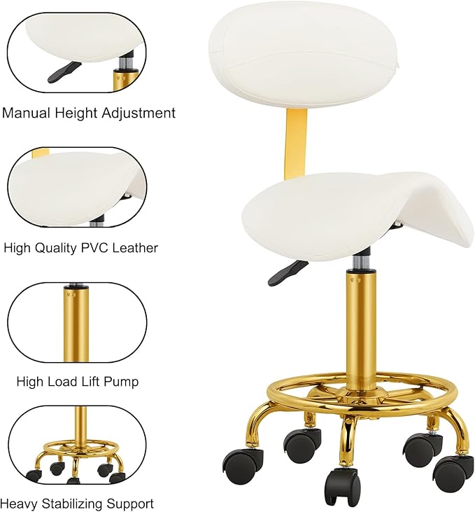 Saddle Stool with Back Support Ergonomic Saddle Chair with Wheels Hydraulic Stool Rolling Soft Cushion for Tattoo Salon Shop Spa Home White