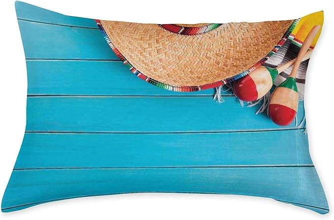Decorative Fitted Sheet Set Twin Size, Mexican Deep Pockets Fitted Sheet & 2 Pillow Sham Set, Sombrero and Maracas on Wood Background Printed Microfiber Bedding 3pc Set, for Kids & Adults Bedding