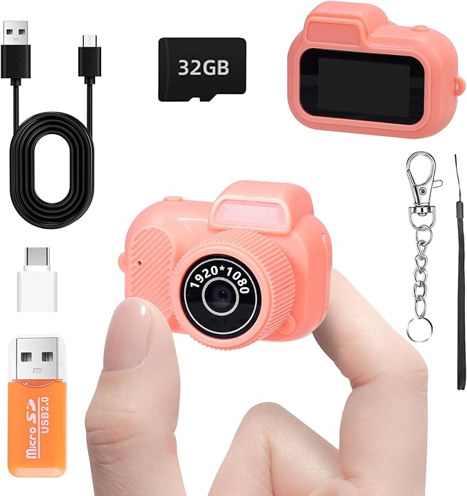 Mini Keychain Camera, FHD 1080p 8MP Mini Digital Camera with 32GB SD Card, 8 Creative Filters, 0.96" HD Display, 100 Mins Battery Life for Travel Recording Birthday Gifts (Retro, Pink)