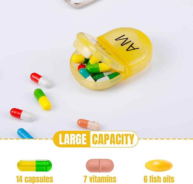 6 Pack Pill Organizer Pocket Small Case Holder Am Pm Pill Case Portable Two Compartment Round Travel 2 Times a Day for Vitamin Medication Supplement(Yellow)