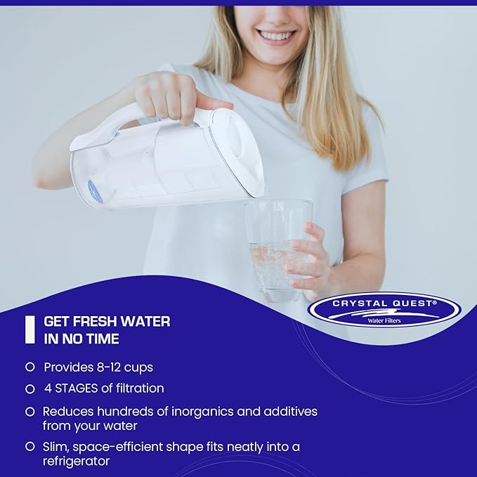 Crystal Quest Water Filter Pitcher - 12-Cup Capacity, Includes 1 Long-Life Filter, BPA Free, Meets NSF Standard 42 - Filters up to 2,000 Gallons – Smart + Fluoride Removal/White