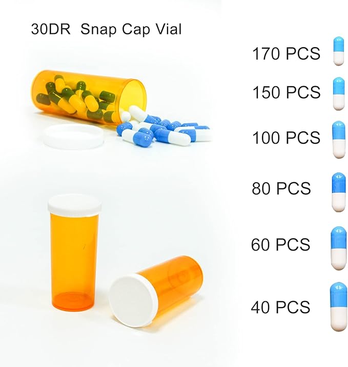 Pill Bottles with Snap Caps, Not Child Resistant Cap, Prescription Vials - Easy Open - Empty Medicine Plastic Containers for Personal Medication & Pharmacy (30 dram, 12pcs)