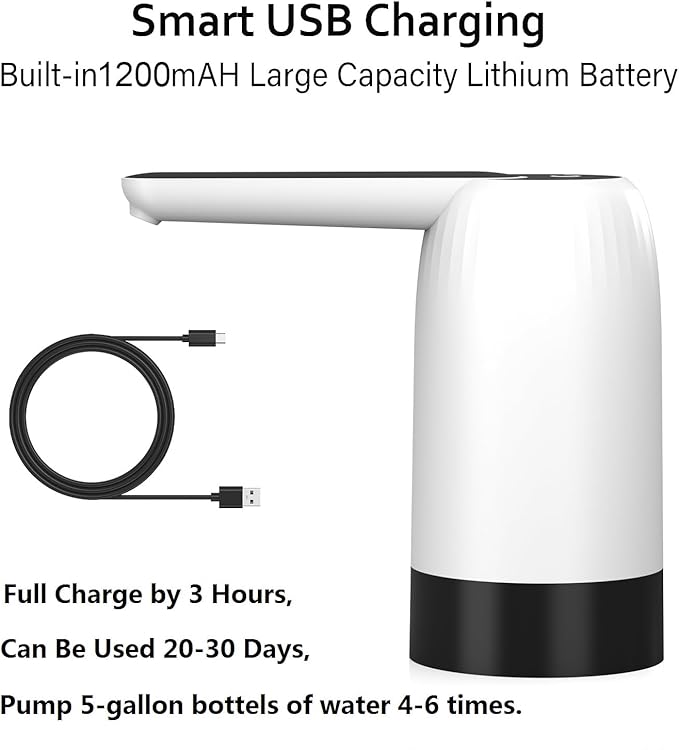 Myvision 5 Gallon Jug Drinking Water Dispenser, Portable Water Dispenser fro 3 Gallon Bottle, USB Electric Water Bottle Pump, 2-5 Gallon Water Jug Switch (White)