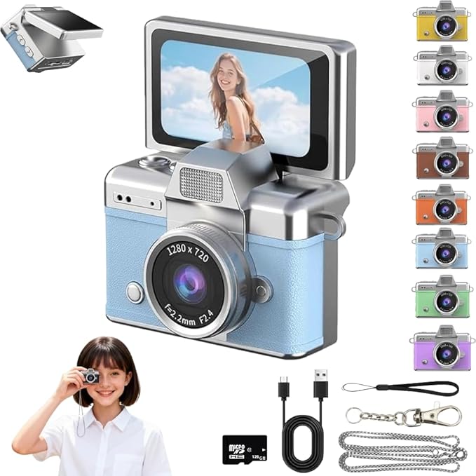 Mini Keychain Digital Camera Retro Mini Digital Video Camera Small bodycam 1080P FHD Recording with 0.96" IPS Screen with 6 Retro Filters AVI Format-Ideal for Phone Transfer (Blue, 128G)