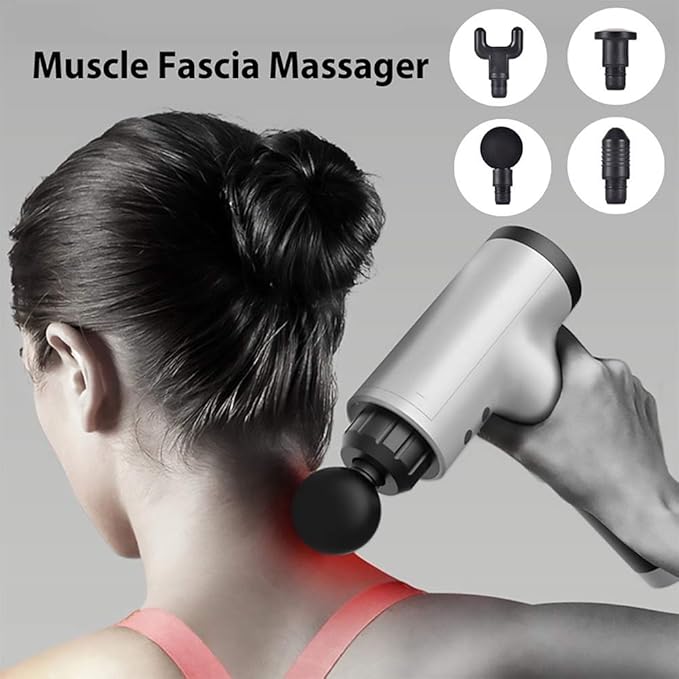 Hand held Electric Quiet Muscle Massage Gun deep Relaxation Massage Body Four Kinds of Massage Head Cordless Percussion Massager Relieve Muscle Pain and Tension (Blue)