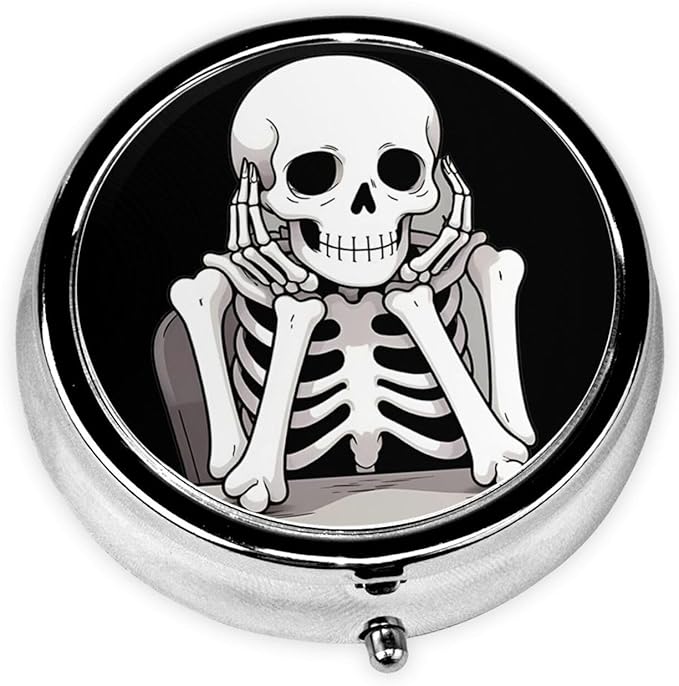 Metal Pill Organizer - 3-Compartment Mini Round Pill Case for Pocket & Purse, Portable Vitamin Holder, Easy-Open Design for Travel - Boring Skeleton