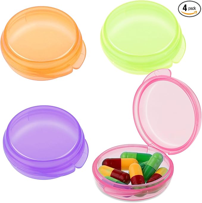 4 Pcs Mini Pill Organizer Small Pill Box Cute Portable Pill Case for Pocket Purse Travel Storage Containers Earplug Case Medicine Dispenser Vitamin Holder (Pink+Orange+Green+Purple)