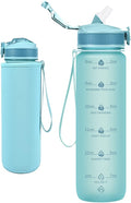 Water Bottle with Straw, Motivational 32 oz Water Bottles with Time Marker & No Sweat Sleeve, BPA Free Leak Proof Gym Bottle with Times to Drink