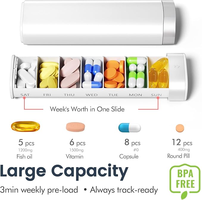 Weekly Pill Organizer Travel, Pill Box 7 Day, Pill Case with 7 Large Containers, Stylish Medicine Organizer for Vitamins, Medications & Supplements