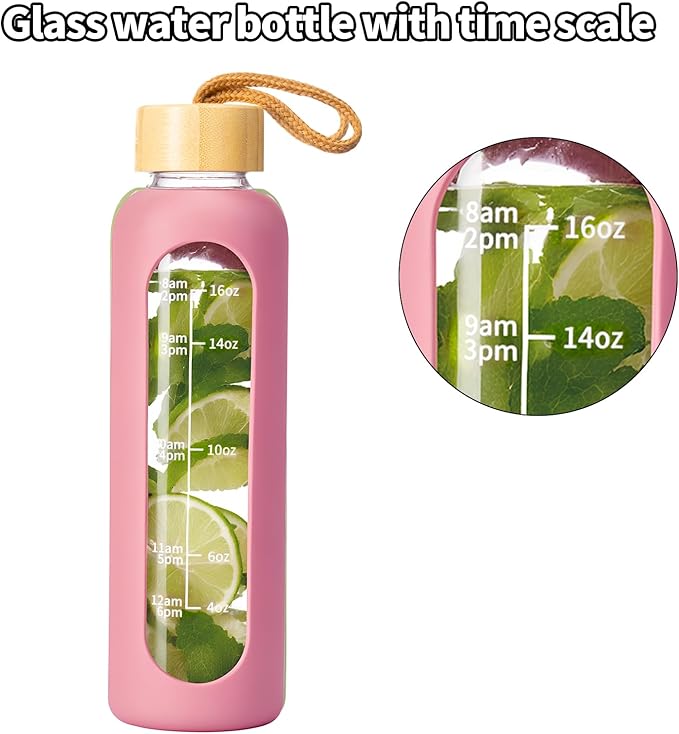 18 OZ Glass Water Bottles, Water Bottle with Time Marker, Leakproof Glass Water Bottles with Silicone Sleeves, Suitable for Offices and Gyms. (pink)
