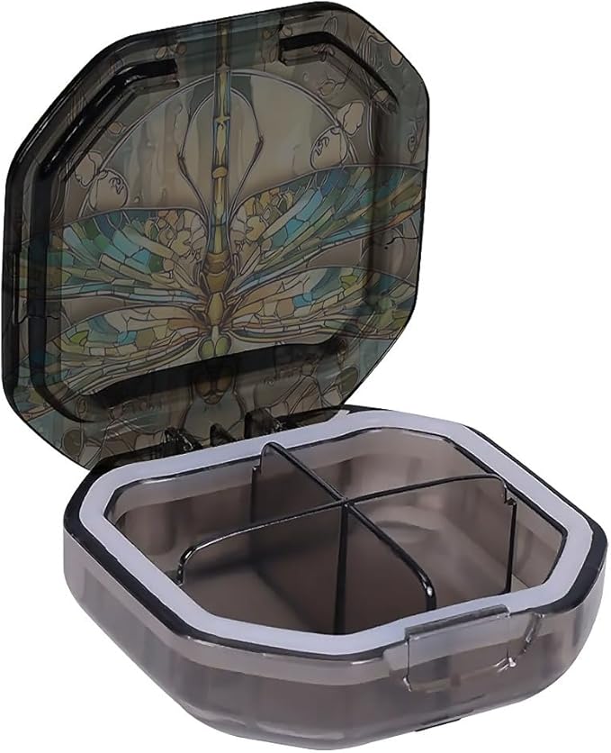 This Portable Vintage Stained Glass Dragonfly Pattern 4-Compartment Pillbox Can Be Placed in A Pocket Or Wallet to Store Vitamins, Medicines Fish Oil Health Supplements Other Medications.