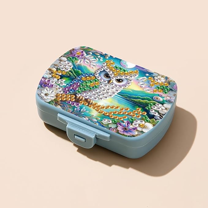 C'eitura DIY Owl Diamond Art Painting Blue Pill Organizer with 6 Lid Detachable Compartments, Fun DIY Craft Project for Adults, Elegant Pill Case for Purse & Travel