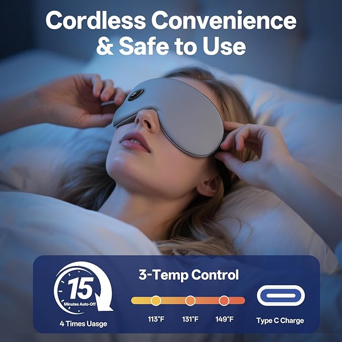 Graphene Heated Eye Mask for Dry Eyes - Rechargeable Wireless Sleep Mask with 3 Heat Levels & Auto-Off, Moist Heat Compress for Stye