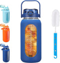 Glass Water Bottle with Straw and Handle Lid Half Gallon Motivational Glass Bottle with Silicone Sleeve and Time Marker Large Reusable Sports Water Jug for Gym Home Workout