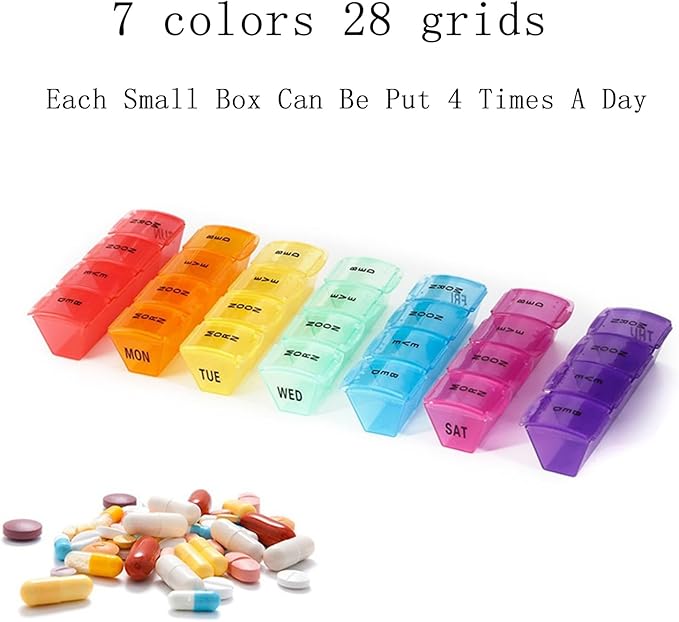 Weekly Pill Organizer 7 Day 4 Times a Day, Medicine Box Round Storage Holder with Lid Supplements Fish Oil Calcium Vitamin Container Portable Travel Pill Case