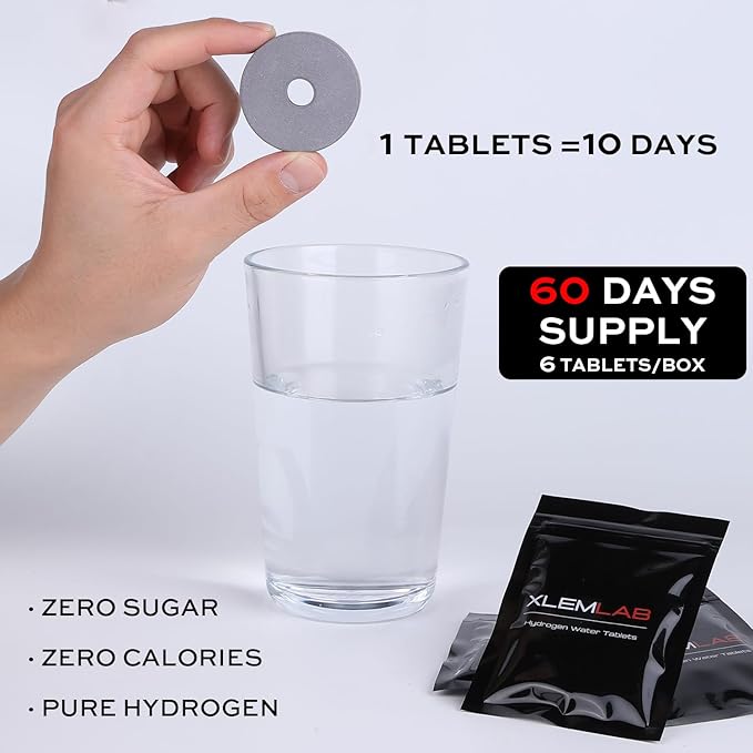 XLEMLAB Hydrogen Water Tablets,Molecular Hydrogen Tablets for Drinking Water,1600PPB H2 Rich for Post-Workout Recovery Antioxidant Anti-Aging, 6 Packs, 60 Days Supply