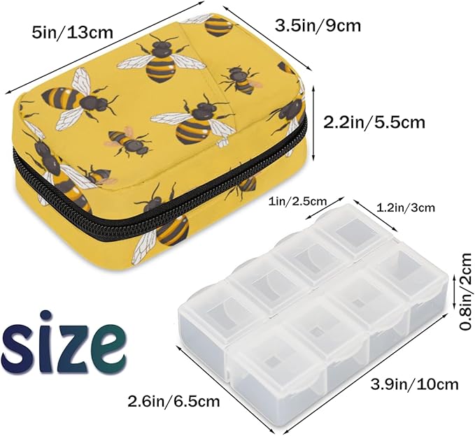 Portable Pills Organizer for Purse, Pill Cases Organizers 7 Day Medicine Travel Case, Personal Week Pill Organizer Cute Zipper Medication Bag Containers for Vitamin, Supplement (Bees)
