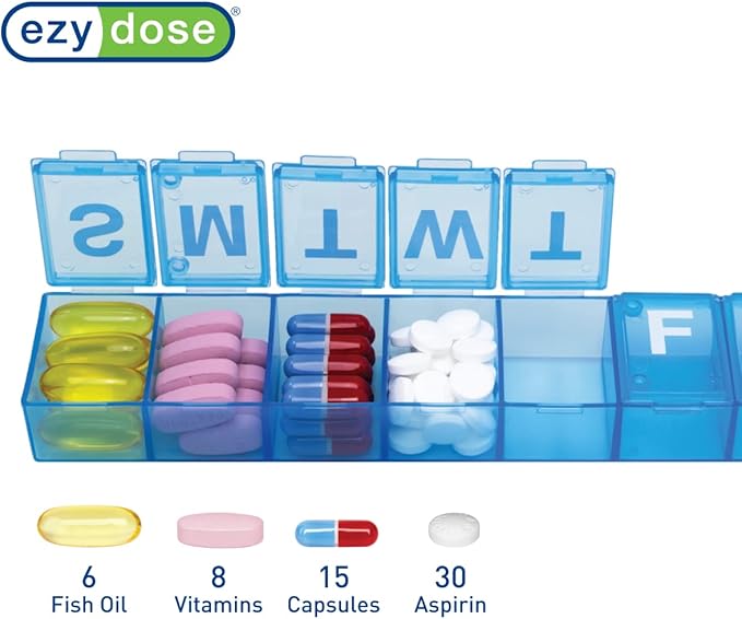 EZY DOSE Weekly 7-Day Pill Organizer, X-Large Vitamin and Medicine Box, Spacious Compartments for Pills and Supplements, Durable Design, Easy-Open Lids, Perfect for Home and Travel Use, Blue