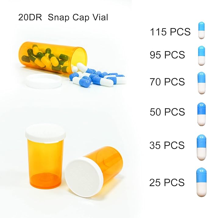 Amber Medicine Containers Snap Cap Prescription Vials Bottles Easy Open Pill Organizers Empty with Plastic Caps (20 dram, 12pcs)