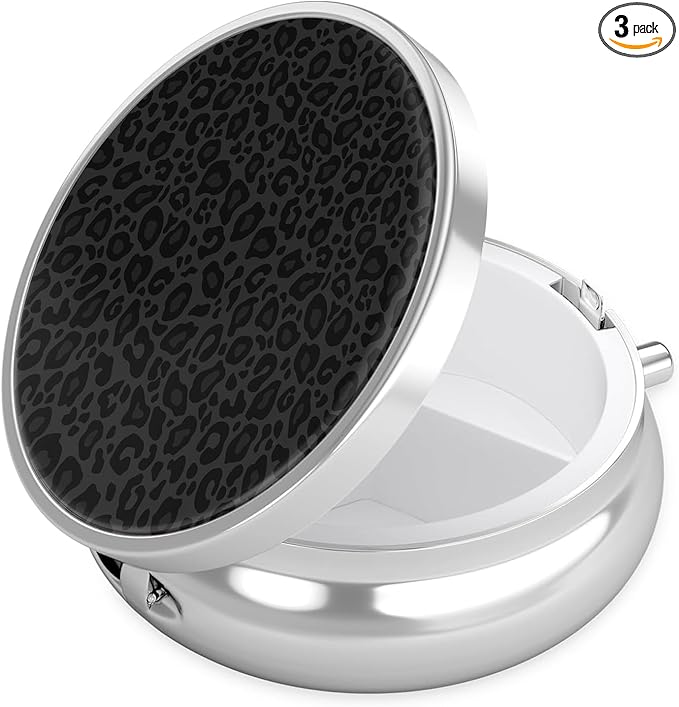 Black Leopard Pill Case, Pill Box 3 Compartments Metal Small Pill Holder with Mirror Mini Travel Pill Container for Purse Pocket Women Men