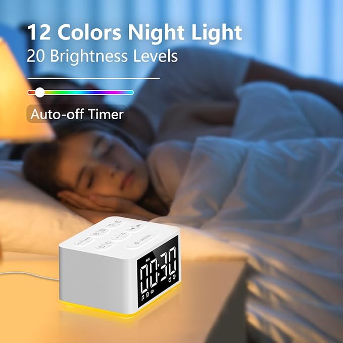3-in-1 Sound Machine White Noise Machine Dual Alarms 12 Color Night Lights 30 Soothing Sounds 15 Wake Up Sounds 32 Volume for Baby Adults Kids Sleep Timer Memory Function Backup Battery Alarm Clock