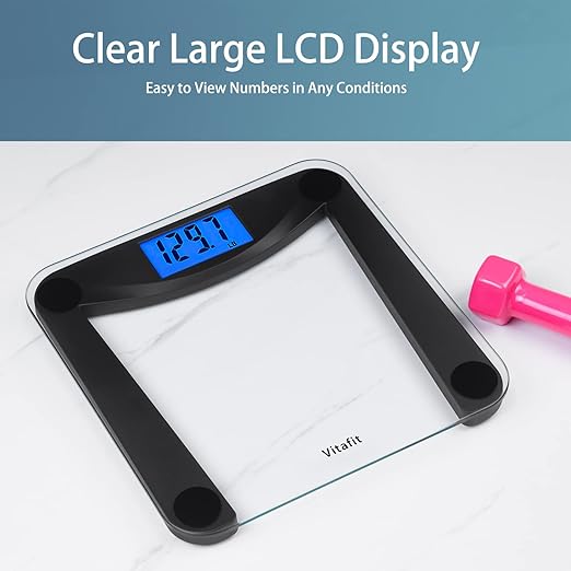 Vitafit Digital Bathroom Weight Scale for Body Weight, High Accuracy Assured by Weighing Professional Since 2001,Extra Large Blue Backlit LCD and Step-On, 400lb/182kg, Superb Black