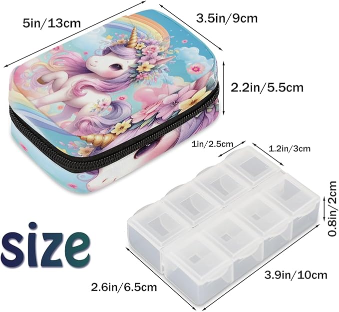 Animal Unicorn Rainbow Travel Pill Organizer Box Weekly Portable Pill Case Daily Pills 7 Day Small Birth Control Pills Container Removable Compartments for Medicine Vitamins Fish Oil