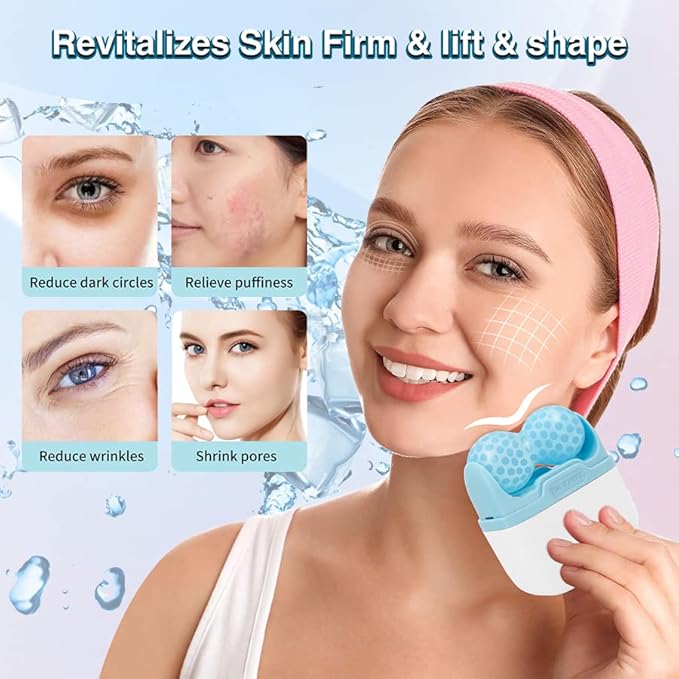 Ice Roller for Face & Eye, Puffiness & Migraine Relief 2-in-1 Stainless Steel Cold Therapy Facial Roller, Long Lasting Skin Care Tool - Blue