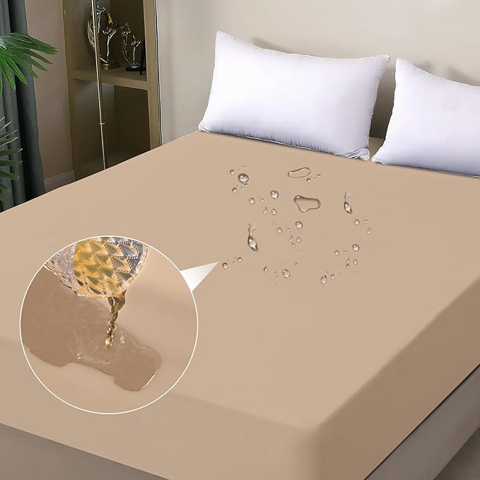 Waterproof Mattress Protector Queen, Fitted Sheet Style Breathable Mattress Cover with Deep Pocket Fits Up to 18'', Noiseless Bed Cover for Kids Adults Pets, Machine Washable (Light Tan, 60'' X 80'')