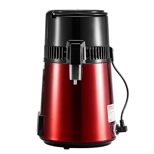 VEVOR 1750W Water Distiller, 0.4Gal/H Distilled Water Maker with Glass Carafe, 4L/1.1Gal Countertop Distiller Machine, 0-99H Time Temp Dual Display, Anti-dry Design 304 Stainless Steel Still, Wine Red
