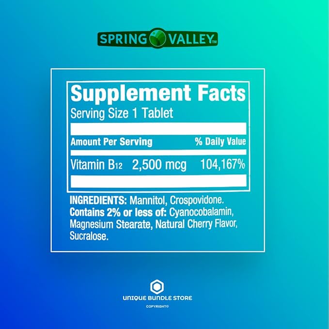 Unique Bundle Store Spring Valley, Vitamin B12 2500 MCG, B12 Quick-Dissolve Cherry Flavor Tablets Dietary Supplement, Vitamin B12, 120 Count + 7 Day Pill Organizer Included (Pack of 1)