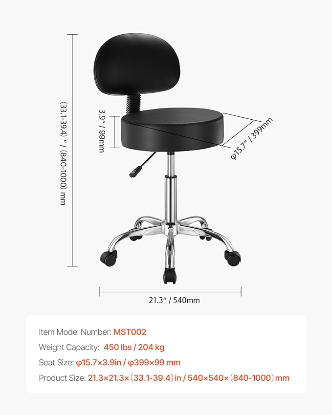 VEVOR 450 LBS Weight Capacity Round Rolling Stool Chair, Height Adjustable Thickened PU Leather Swivel Stool for Salon, Spa, Massage, Tattoo, Clinic, Black