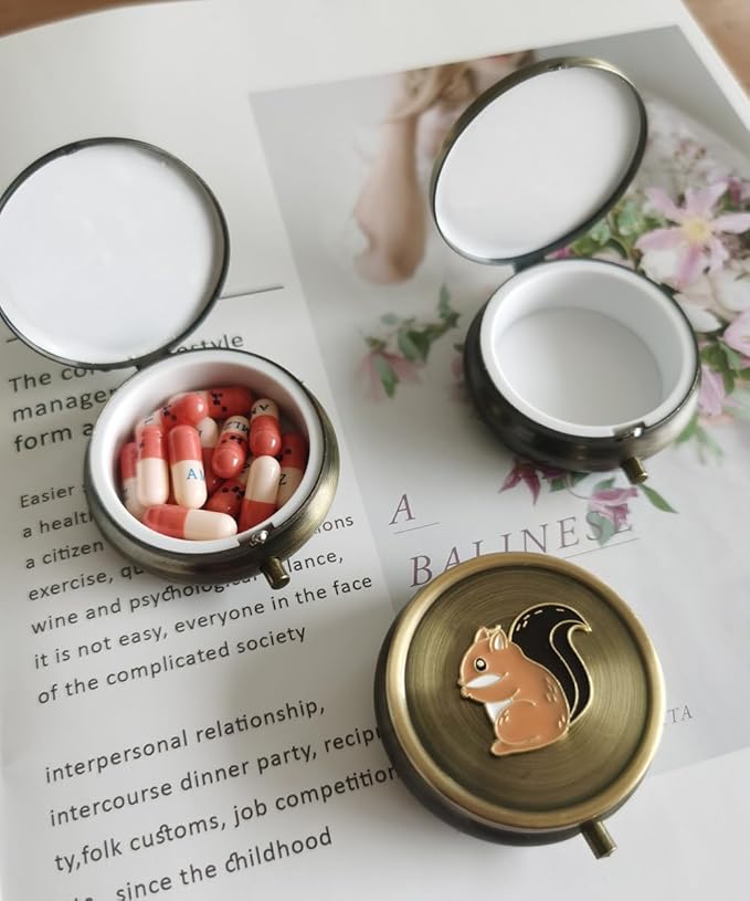 Cute Squirrel Pill Organizer Medicine Box - Small Round Portable Pill Box for Pocket, Bronze Durable Mini Pill Case for Purse, Decorative Metal Medicine Vitamin Organizer Classical Pill Holder