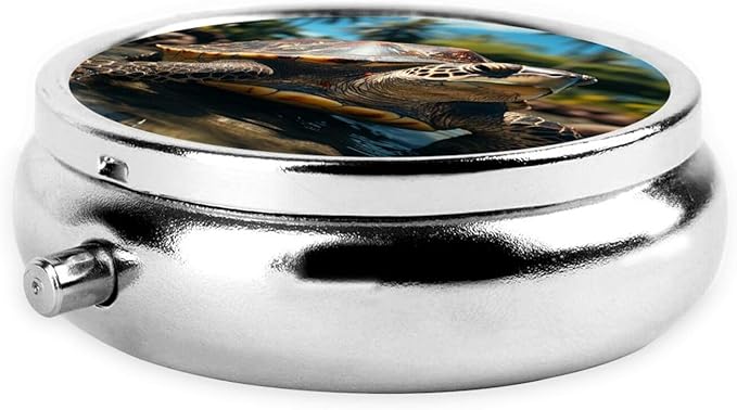 Big Turtle and Palm Trees Print Pill Box Round 3 Compartment Pill Case Portable Travel Pill Organizer Mini Medicine Storage Box for Pocket Purse Metal Decorative Pill Holder for Daily Medicine