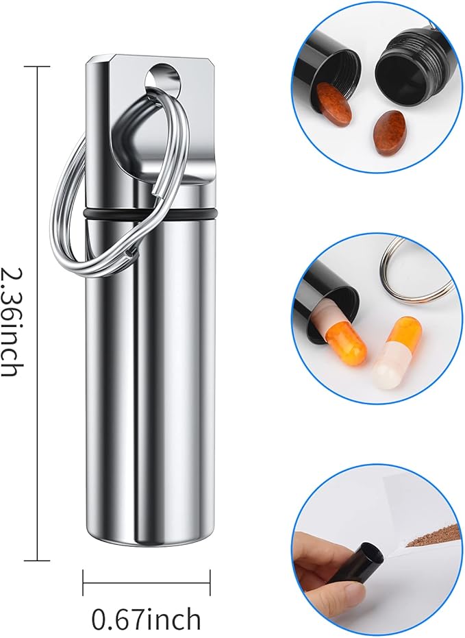 Small Pocket Pill Box Keychain, Aluminium Alloy Portable Mini Pill Organizer Case Container for Purse, Waterproof Metal Pill Holder Medicine Bottle for Outdoor Camping Travel (Silver)