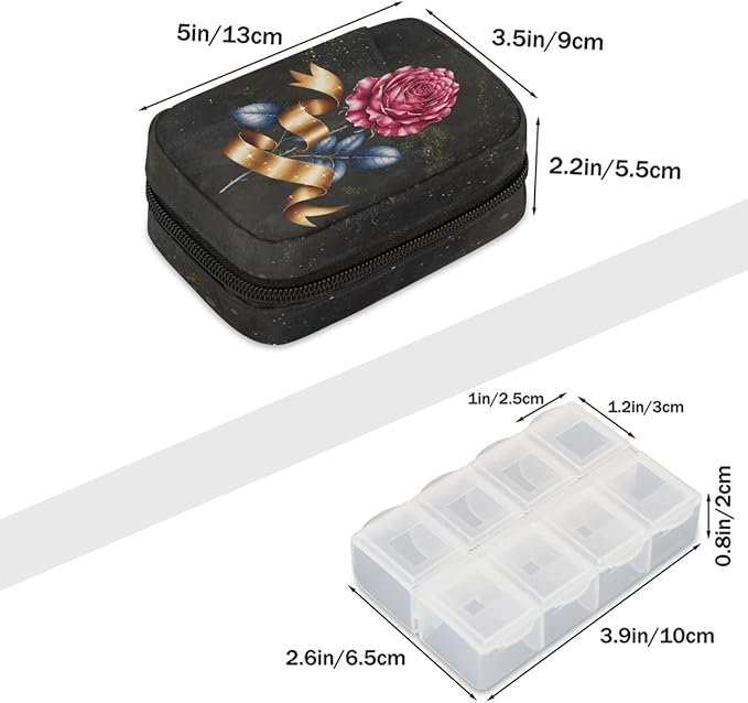 Beautiful Rose Art Pill Case Travel Pill Organizer Weekly 7 Day Portable with Zipper Medicine Box Pill Case for Vitamins, Birth Control,Fish Oils,Medication, Supplements