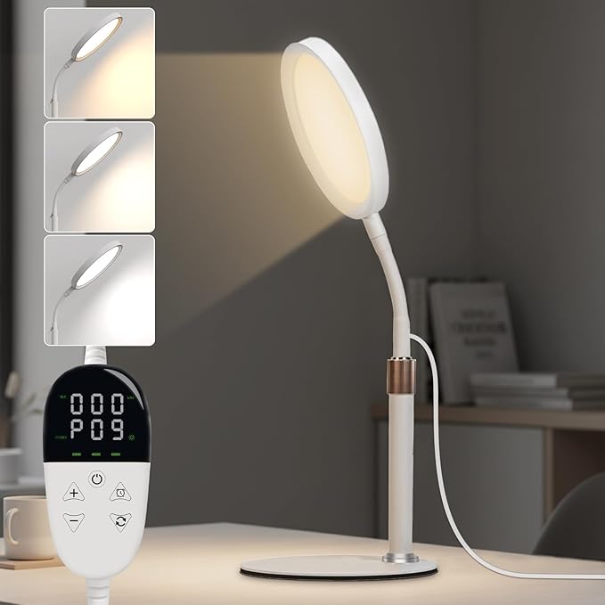 Light Therapy Lamp, LED Sunlight Lamp, 10000 Lux Full Spectrum Happy Therapy Desklamp with UV-Free,3 Color Temperature & 9 Brightness Level & Timer for Home, Office, Decoration (White A)