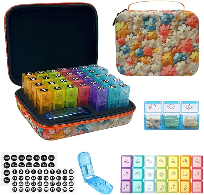 31-Day Monthly Pill Organizer with 3 Daily Compartments, Travel Medication Box with Pill Cutter, AM PM Storage Case (Flower Cluster 31-Day Drug Storage Box)