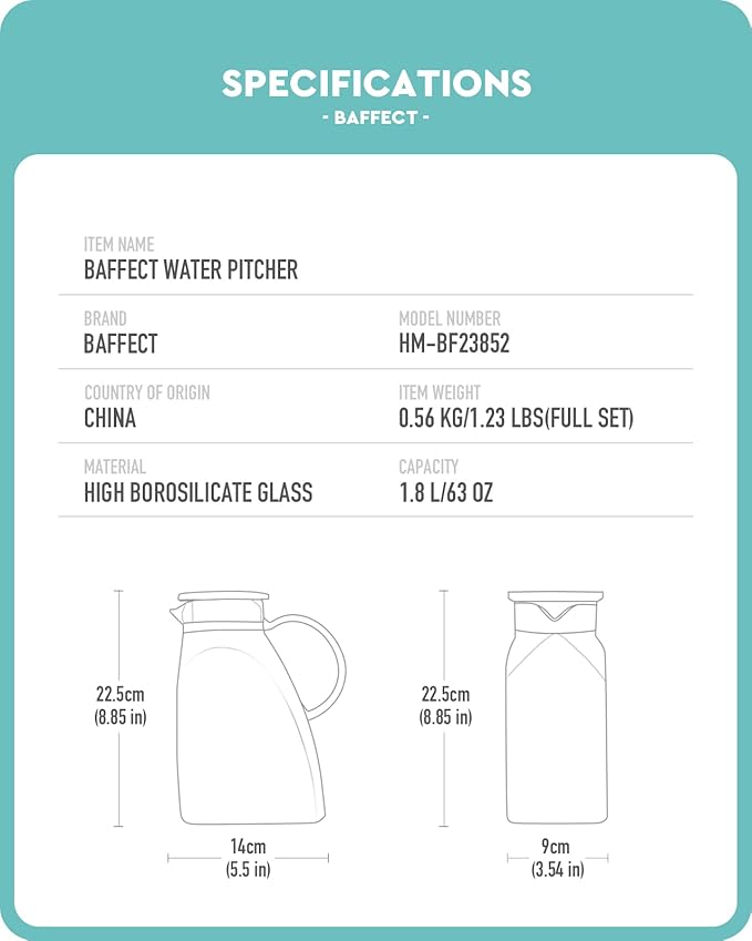 Baffect Water Pitcher, High Borosilicate Glass Jug with Stainless Steel Lid, Leakproof Fridge Door Carafe for Hot or Cold Beverage (1.8 L/63 oz.)