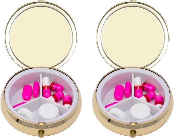 Set of 2 Circular Embossed Triple-Compartment Pocket Purse Pill Box & Organizer (Gold Weave)