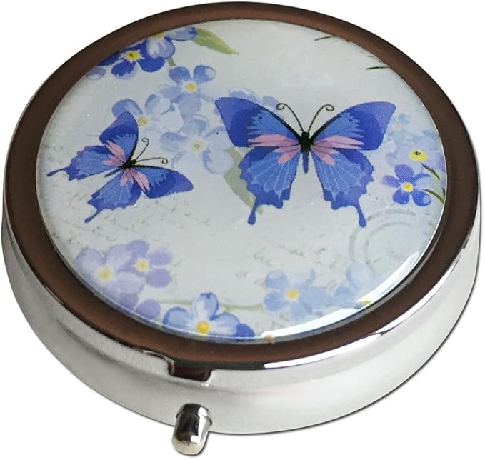 Purple Butterfly Silver Pill Box – Round 3-Compartment Metal Pill Organizer, Compact 2-Inch Travel Pill Case for Purse or Pocket