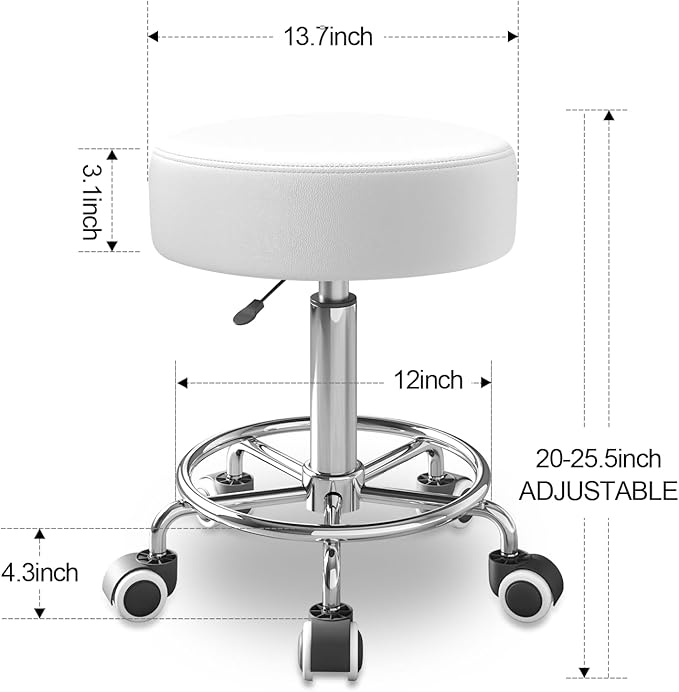 Rolling Stool With Heavy Weight Capacity 250lb, PU Leather Seat, Wheels and Footrest - Ultra Soft Padded, 360 Swivel for Spa, Drawing, Salon, Work, Office, Tattoo (White)