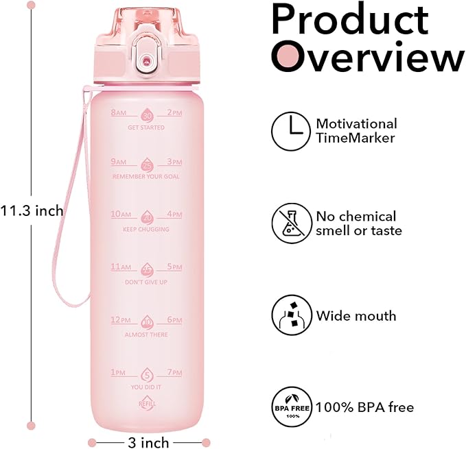 32oz Water Bottle with Time Marker, Motivational Drinking Bottle with Strap, BPA-Free Leak-Proof, Encouraging Water Bottle Time to Drink Water for Gym School Office Travel
