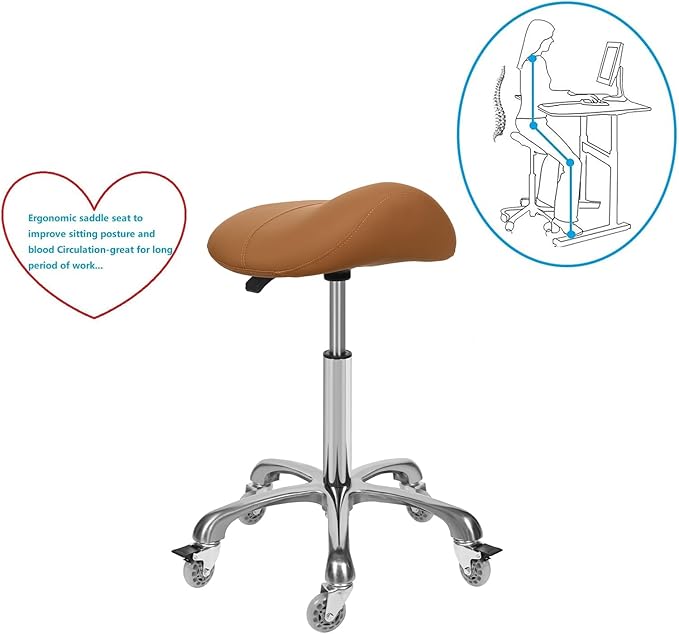 Ergonomic Saddle Stool with Wheels Rolling Chair Professional Saddle Chair Heavy Duty Adjustable Swivel Hydraulic Stool for Massage Hair Stylist Salon Tattoo Office (Camel, Without backrest)