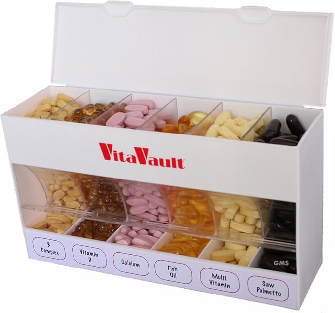 VitaVault Six Compartment Pill Organizer for Medication,s Vitamins, and Supplements with Filler Funnel