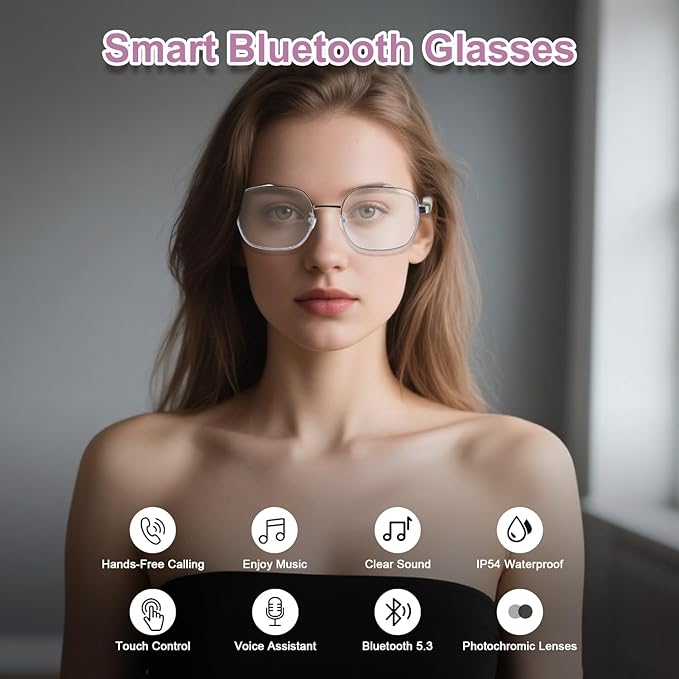 Smart Glasses, Blue Light Blocking Glasses for Men and Women, Photochromic Sunglasses, Built-in Mic & Speakers, Hands-Free Calling, Bluetooth Audio Glasses for Work/Travel, Voice Control