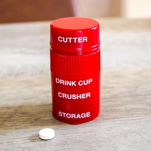 EZY DOSE 3 Compartment Pill Crusher, Cutter and Grinder, Daily Usage, Safely Cut Pills, Vitamins, Tablets, Accurate and Easy Cutting, Stainless Steel Blade, Removable Drinking Cup, Red, BPA Free