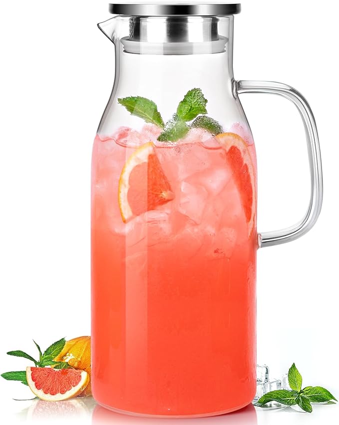 Glass Pitcher with Lid, 2 Liter 68oz Water Pitcher with Handle for Fridge, Large Drink Jug for Iced Tea, Coffee, Juice, Borosilicate Glass Carafe for Hot/Cold Brew Beverage, Heat Resistant